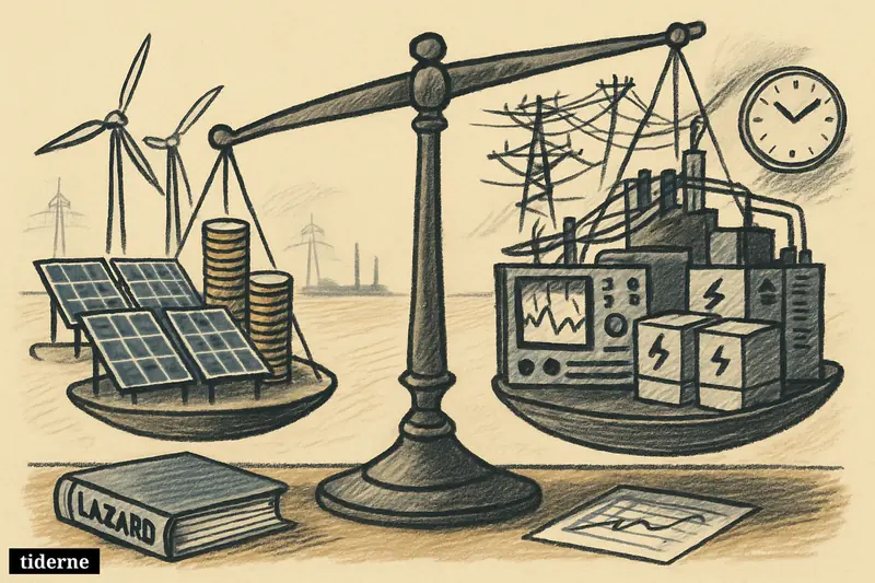 A balancing scale compares cheap solar and wind generation with the heavier costs of storage, backup power, and the wider electricity grid.