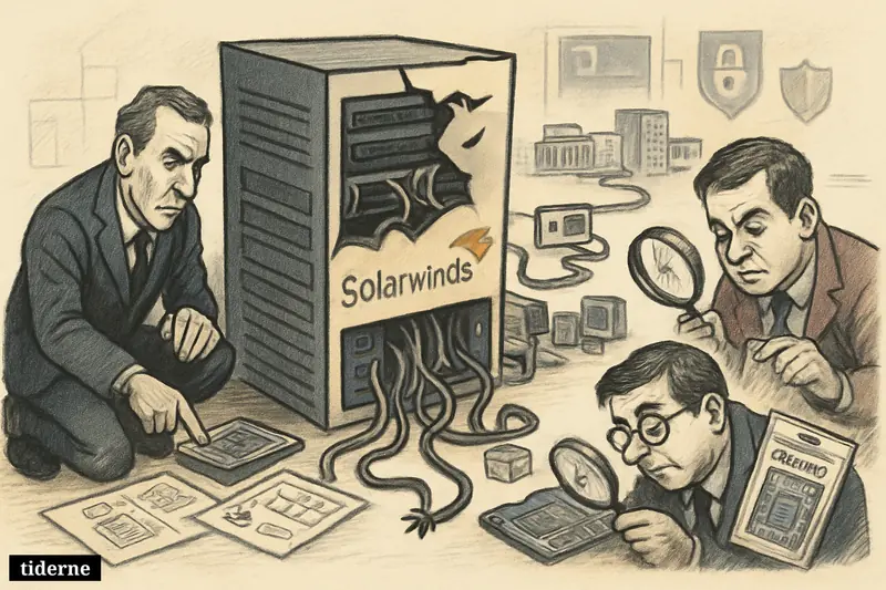 A caricature of a compromised server spreading malicious connections while investigators examine technical cyber evidence across linked institutions and companies.