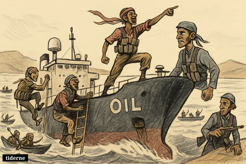 Somali pirates in skiffs board a large oil tanker near Yemen, steering it across the Gulf of Aden in a tense hijacking scene.