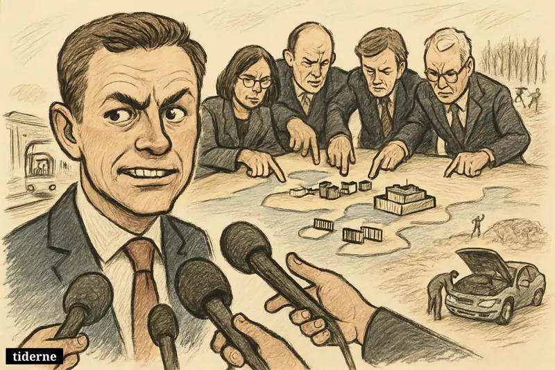 Caricature of Aalborg’s mayor under criticism as EU politicians push offshore migration centers, with a halted train, recalled car, and burned forest behind.