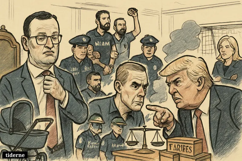 Caricature of Jens Spahn resigning, Trump confronting Mark Carney, the Tate brothers under arrest, and Argentina celebrating a football victory. (AI-genereret illustration)