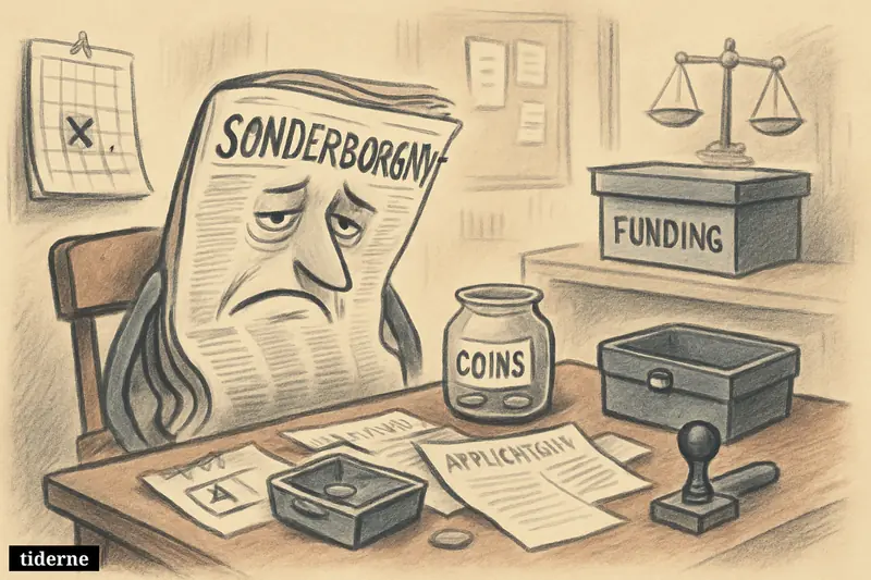 A slumped newspaper bundle in a small newsroom sits beside a missed calendar date, empty funds jar, and unreachable funding box. (AI-genereret illustration)