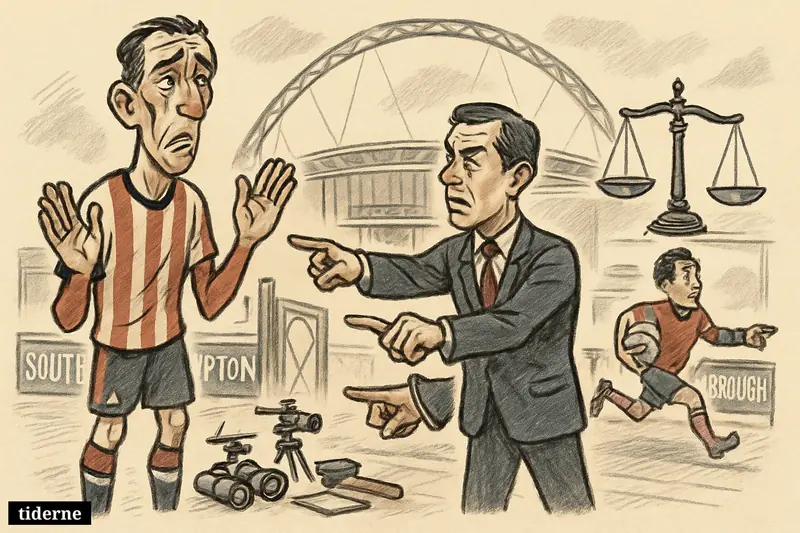 A sad Southampton player is turned away from Wembley while a Middlesbrough player runs toward the stadium past discarded spying equipment.