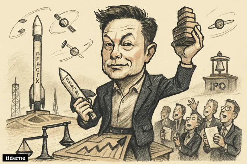 Elon Musk caricature stands on a stock-exchange-like launchpad with a rocket, rising coins, satellites, and excited investors during a SpaceX IPO scene.