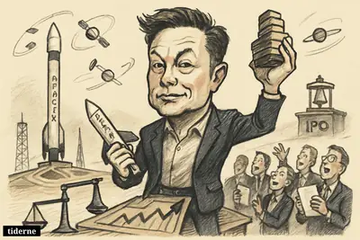 Elon Musk caricature stands on a stock-exchange-like launchpad with a rocket, rising coins, satellites, and excited investors during a SpaceX IPO scene.