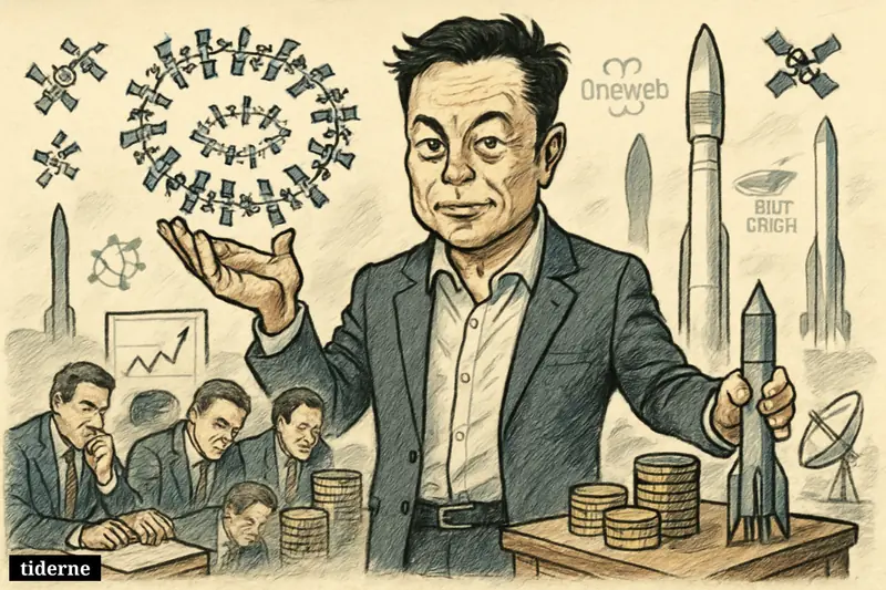 Caricature of Elon Musk presenting a satellite network beside a rocket as investors watch in a space-meets-finance setting.