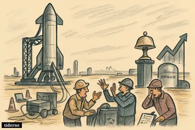 A delayed Starship rocket stands on a Texas launch pad while technicians fuss nearby and stock-market symbols suggest a looming public listing.