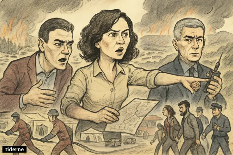 Caricatures of Isabel Díaz Ayuso, Pedro Sánchez, and Fernando Grande-Marlaska in a wildfire evacuation command scene near burning hills outside Madrid. (AI-genereret illustration)