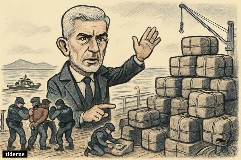 Caricature of Spain’s interior minister on a cargo ship deck beside seized cocaine bales as officers arrest suspects at sea.