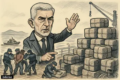 Caricature of Spain’s interior minister on a cargo ship deck beside seized cocaine bales as officers arrest suspects at sea.
