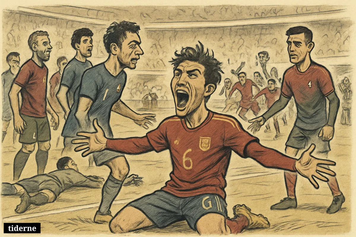 Caricature of Mikel Merino celebrating a late goal for Spain as Ferran Torres and stunned Portugal players react in a crowded stadium.