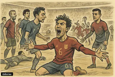 Caricature of Mikel Merino celebrating a late goal for Spain as Ferran Torres and stunned Portugal players react in a crowded stadium.