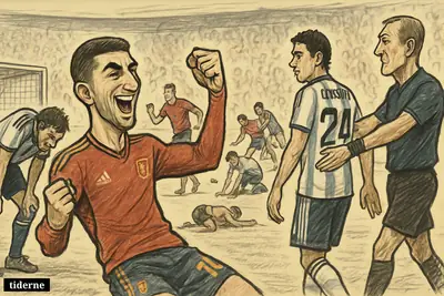 Ferran Torres celebrates the winning goal as Spanish teammates rejoice and dejected Argentine players react during a tense World Cup final. (AI-genereret illustration)