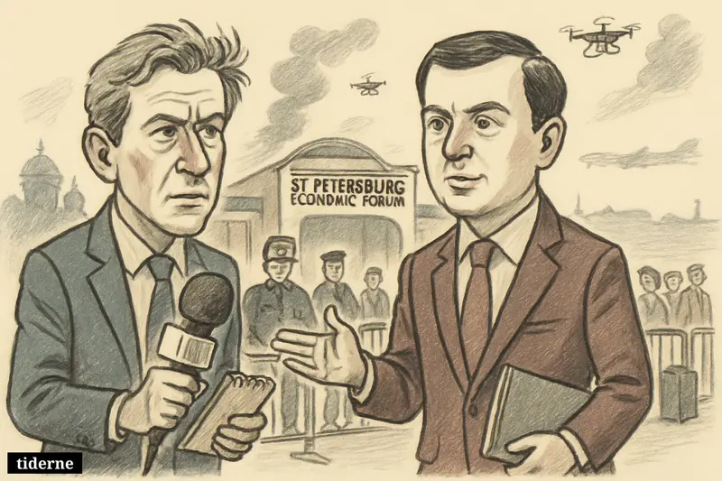Caricatures of Steve Rosenberg and Maxim Oreshkin outside a guarded St. Petersburg forum amid smoke, drones, travel disruption, and war tension.