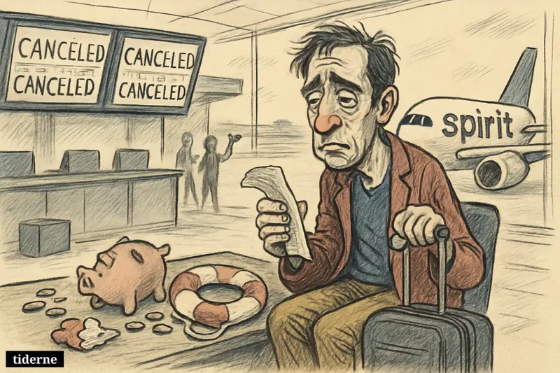 A stranded airline passenger sits at a shuttered airport gate as a grounded Spirit Airlines plane and abandoned luggage signal a sudden shutdown.