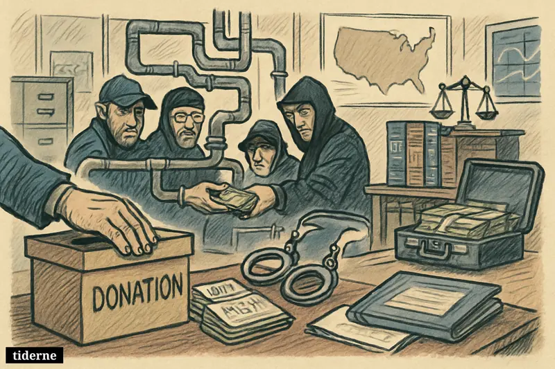 A nonprofit office scene shows donor money secretly routed through hidden channels to shadowy extremists as federal investigators close in.