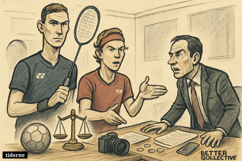 Caricature of Viktor Axelsen and Anders Antonsen confronting a suited Better Collective executive over image rights in a courtroom-like setting.