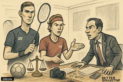 Caricature of Viktor Axelsen and Anders Antonsen confronting a suited Better Collective executive over image rights in a courtroom-like setting.