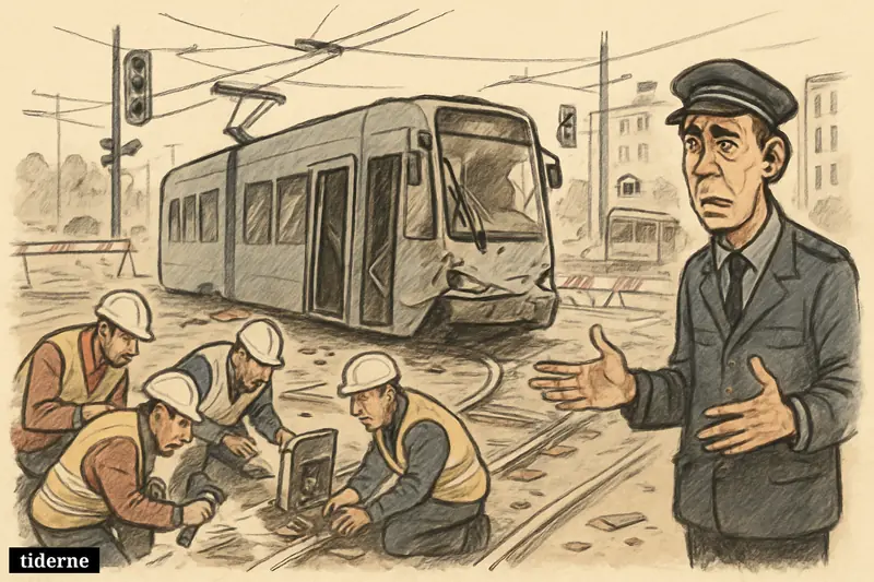 Investigators examine a damaged tram on bent rails in Düsseldorf while a worried operator stands beside the crash scene.