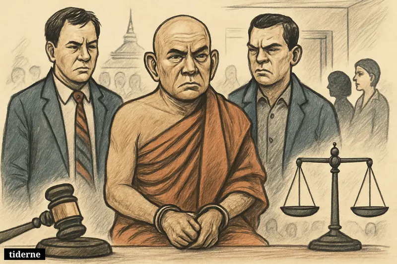 A caricature of a senior Buddhist monk under arrest in a courthouse, flanked by investigators, with legal symbols and a protected witness nearby.