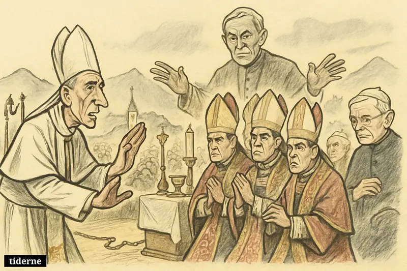 Pope Leo XIV confronts four defiant SSPX bishops at an outdoor Swiss consecration ceremony, with Marcel Lefebvre looming behind and Benedict XVI watching sadly.