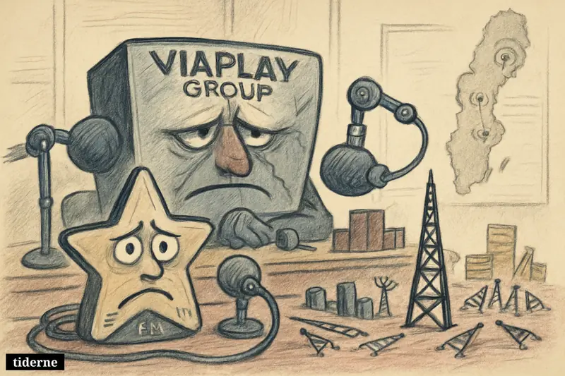 A caricature radio studio shows a worried star-shaped radio, one strong signal tower, and many fallen regional transmitters around Viaplay-themed equipment.