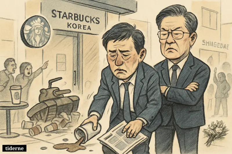 Caricature of a fired Starbucks Korea executive being escorted out as Lee Jae-myung watches, amid angry customers, spilled coffee, and scandal props.