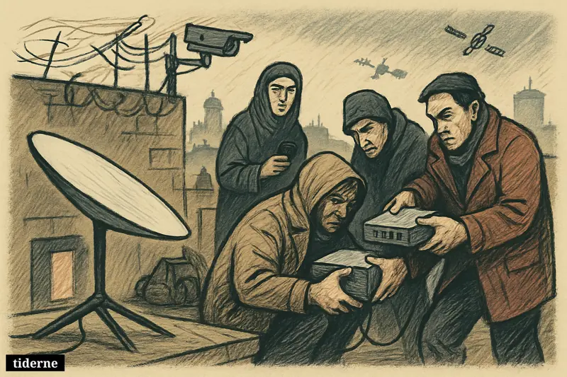 A covert rooftop market in Iran trades satellite internet gear as blocked antennas, surveillance cameras, and darkened phones surround one active dish.