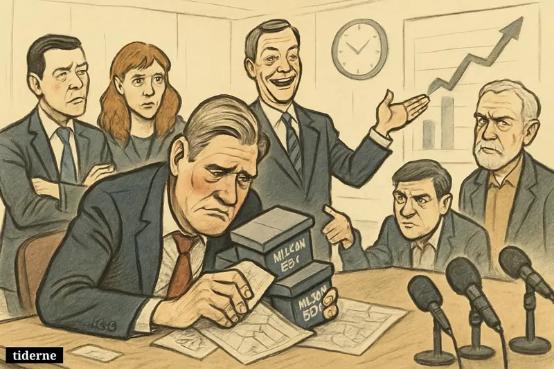 Keir Starmer slumps in crisis at a strategy table while Nigel Farage smirks and Labour figures watch tensely after election losses.