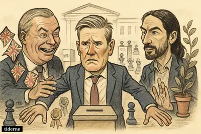 Keir Starmer is squeezed between Nigel Farage and Zack Polanski on a path toward a ballot box during local elections.