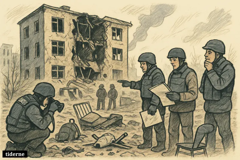 Investigators examine a destroyed dormitory in Starobilsk, with scattered drone debris, sparse evidence papers, rubble, and distant soldiers near a checkpoint.