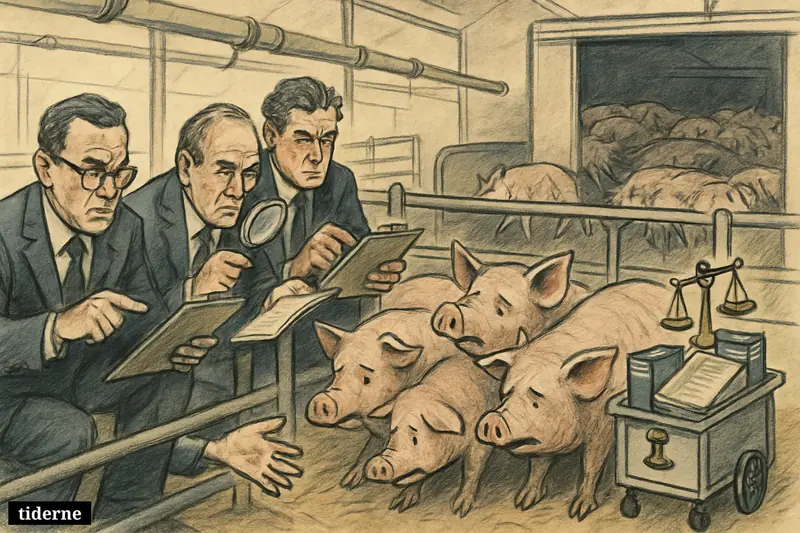 State auditors inspect the wrong pig pen while distressed pigs with shortened tails are overlooked deeper inside a crowded barn.