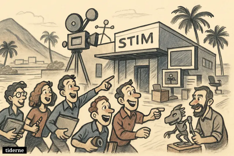 A caricature VFX studio on Tenerife with creative workers, animation tools, equipment crates, and island scenery suggesting expansion and new jobs. (AI-genereret illustration)