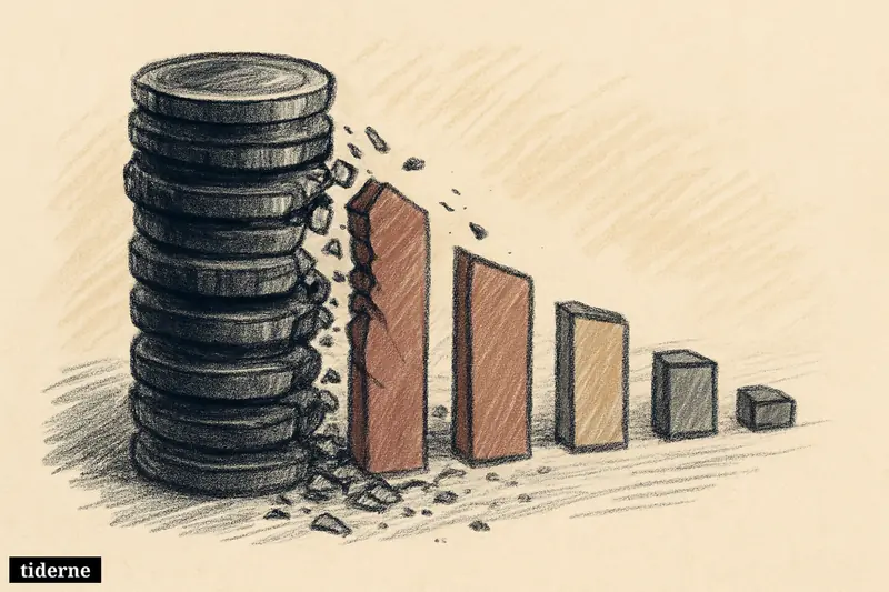 Dark metallic coin stack breaking apart into falling bar chart pieces against a black background