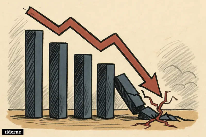 Dark financial bars descend sharply into a glowing red crack on a black background, with scattered metallic fragments below