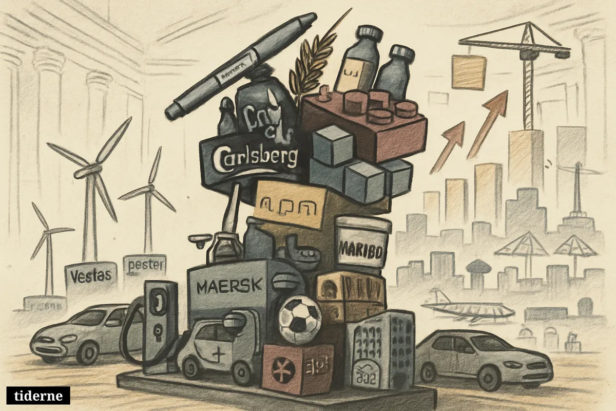 A crowded business hall shows company symbols stacked like winners on a rising podium, led by Novo Nordisk, Carlsberg, and LEGO.