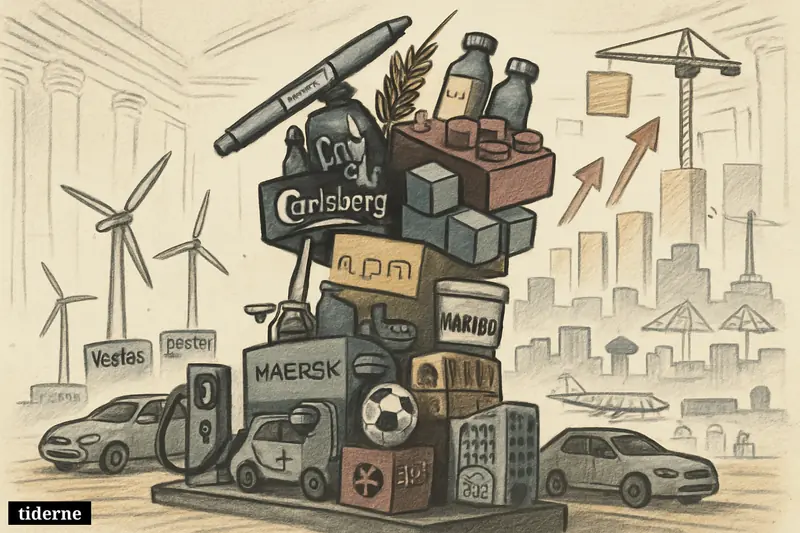 A crowded business hall shows company symbols stacked like winners on a rising podium, led by Novo Nordisk, Carlsberg, and LEGO.