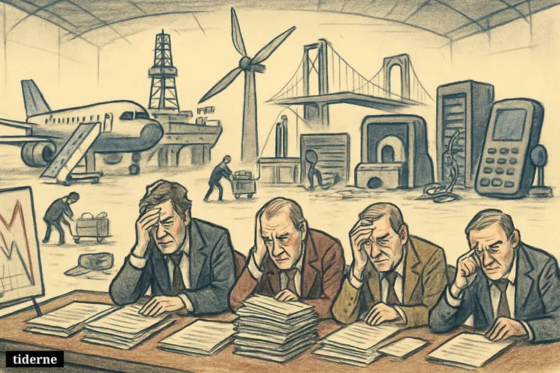 Executives in a giant corporate hangar face symbolic aircraft, rigs, turbines, bridge parts, and labs while reviewing severe financial losses.