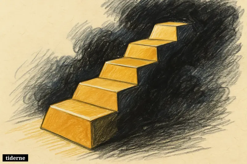 Glowing golden bars ascend like a staircase through dark mist on a black background, suggesting sharp upward financial momentum.