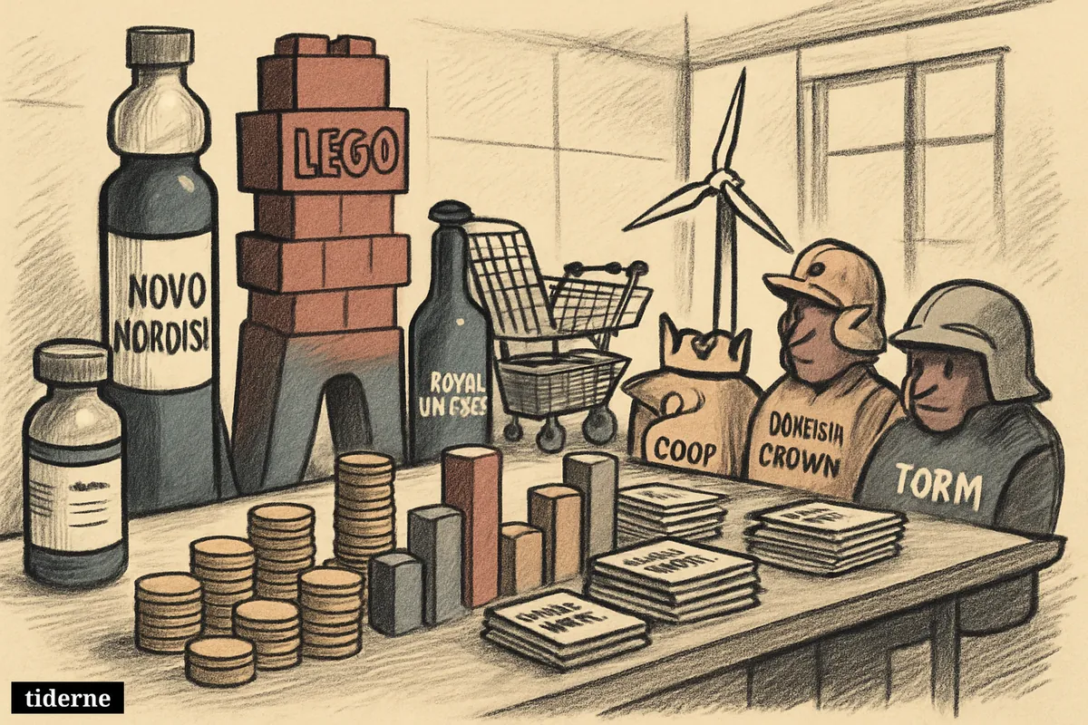 Brand-inspired company symbols crowd around a boardroom table piled with coins and charts, competing for the top spot among Denmark’s biggest firms.