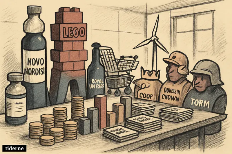 Brand-inspired company symbols crowd around a boardroom table piled with coins and charts, competing for the top spot among Denmark’s biggest firms.