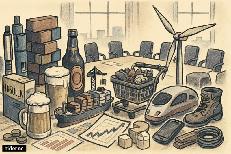 A wide boardroom packed with oversized products, a container ship, toy bricks, medicine, beer, groceries, turbines, and charts representing Denmark’s biggest companies.
