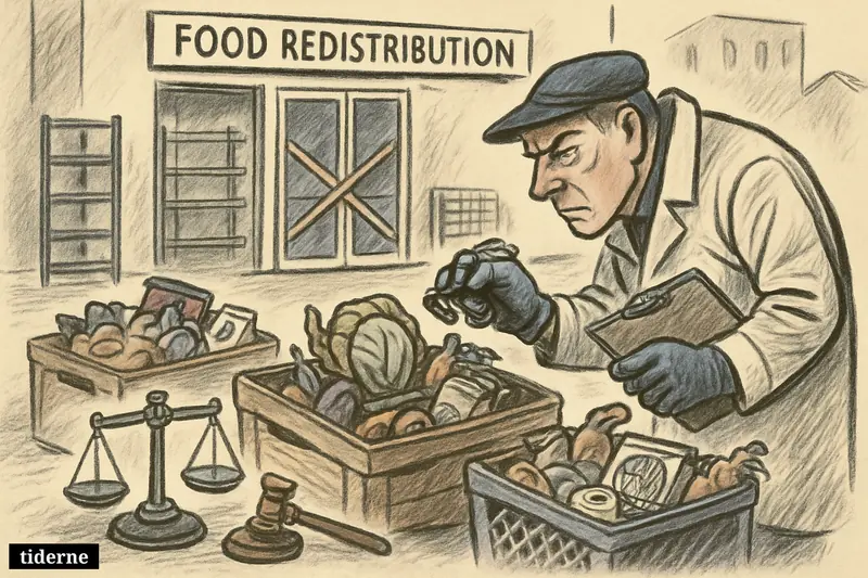 A caricature food inspection scene shows unsafe donated groceries, a blocked local storefront, and an inspector enforcing a temporary closure.