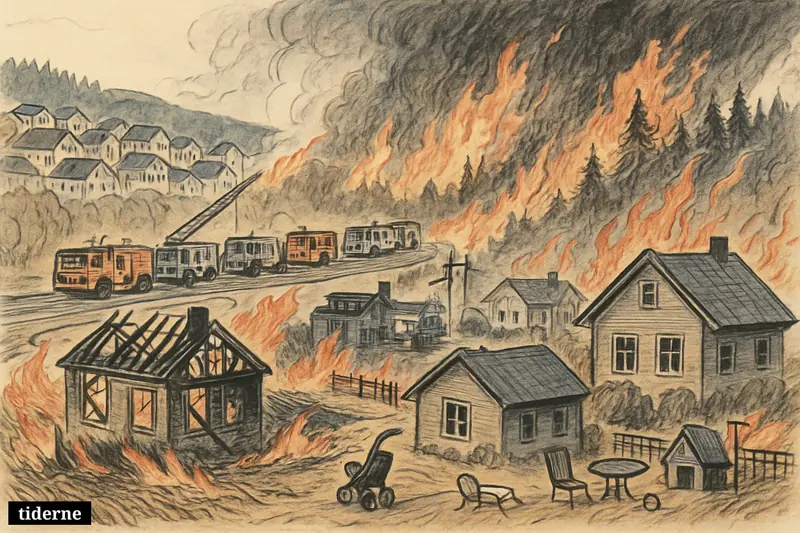 A large fire engulfs homes near a Norwegian town as emergency vehicles line the road and flames spread into a forest hillside. (AI-genereret illustration)