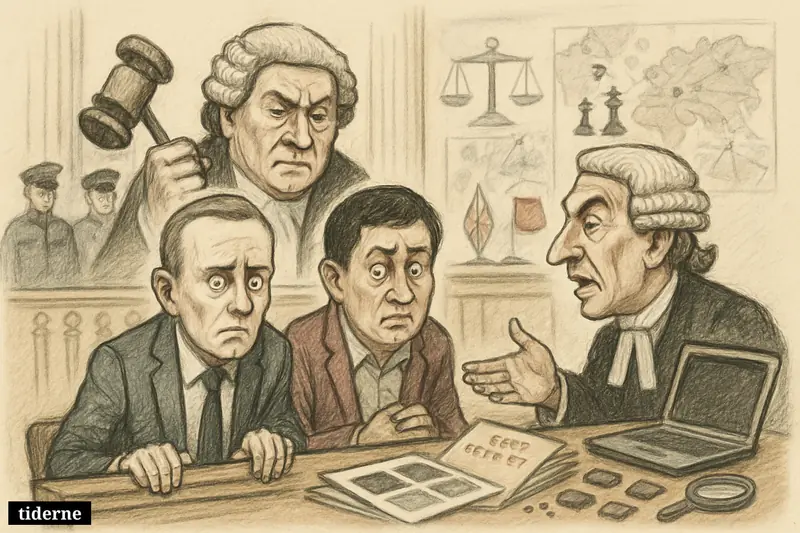Two anxious male defendants in a British courtroom caricature face judgment amid espionage evidence, security officers, and Britain-China tension symbols.