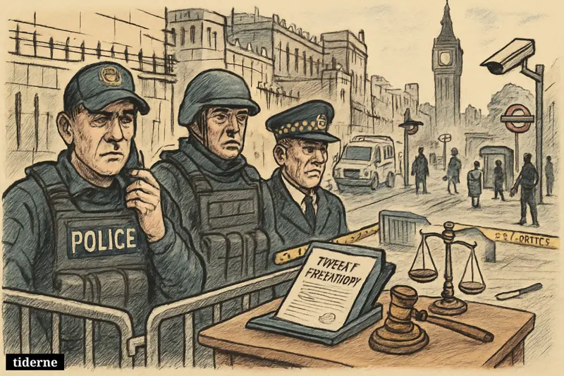 Security officers and police guard a London government area with barriers, surveillance, evidence on the pavement, and a tense atmosphere of raised terror alert.