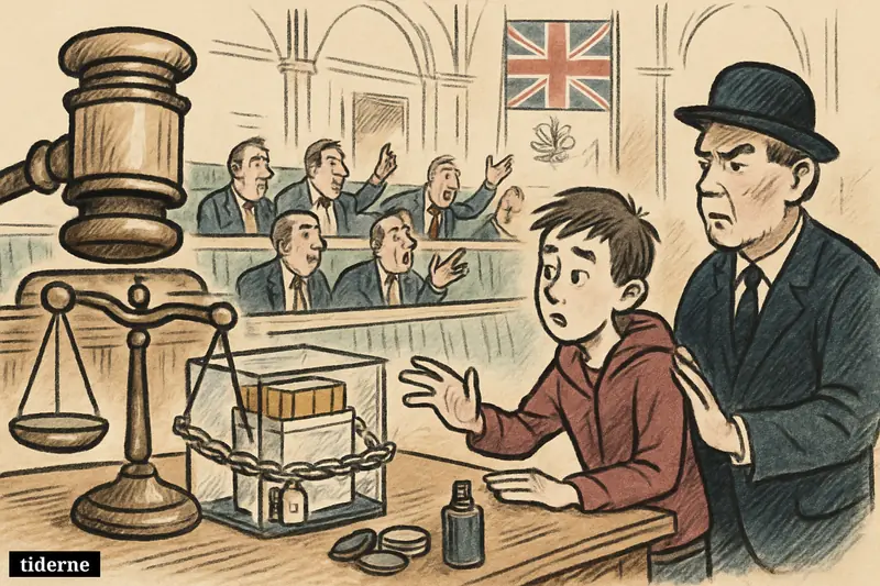 British Parliament caricature scene with sealed cigarettes, debating lawmakers, and a young person blocked from reaching tobacco.