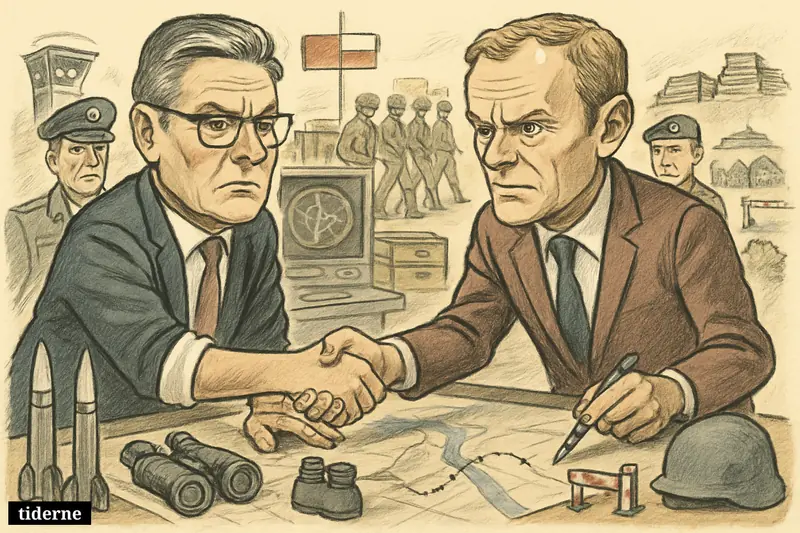 Caricatures of Keir Starmer and Donald Tusk shaking hands over a defense map in a military planning room with border and missile props.