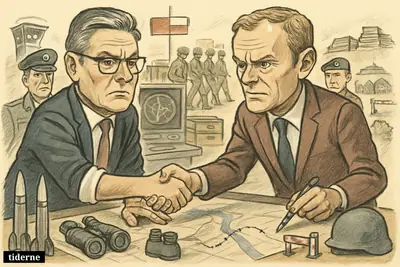 Caricatures of Keir Starmer and Donald Tusk shaking hands over a defense map in a military planning room with border and missile props.
