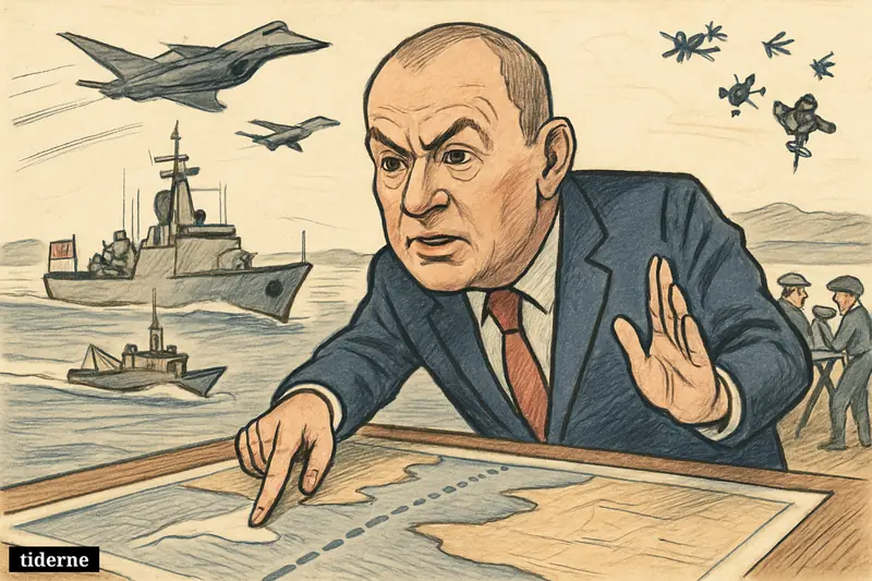 Caricature of John Healey on a naval deck directing a Hormuz protection mission with warship, minesweeper, fighter jets, drones, and cargo ships.
